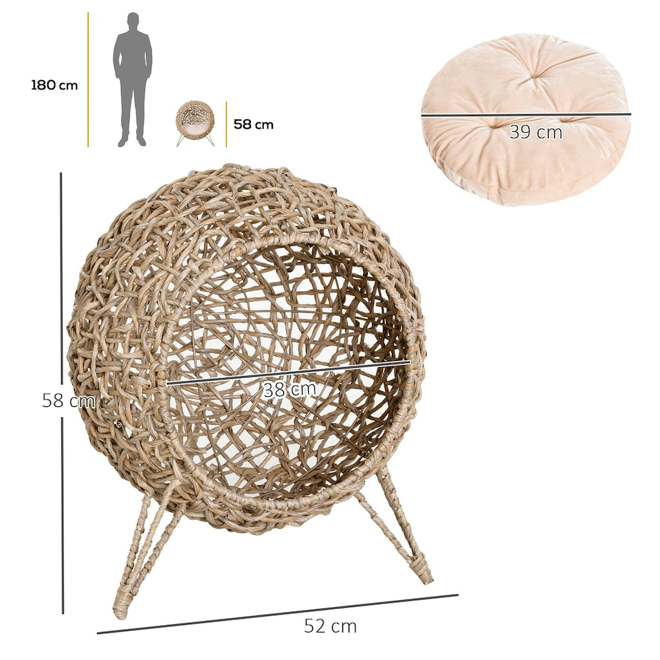 image 1 of PawHut Wicker Cat House, Ball-Shaped Rattan Raised Cat Bed - Natural Wood Finish