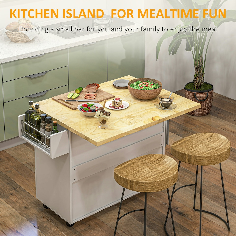 image 1 of HOMCOM Drop-Leaf Kitchen Island on Wheels Utility Storage Cart with Drawers