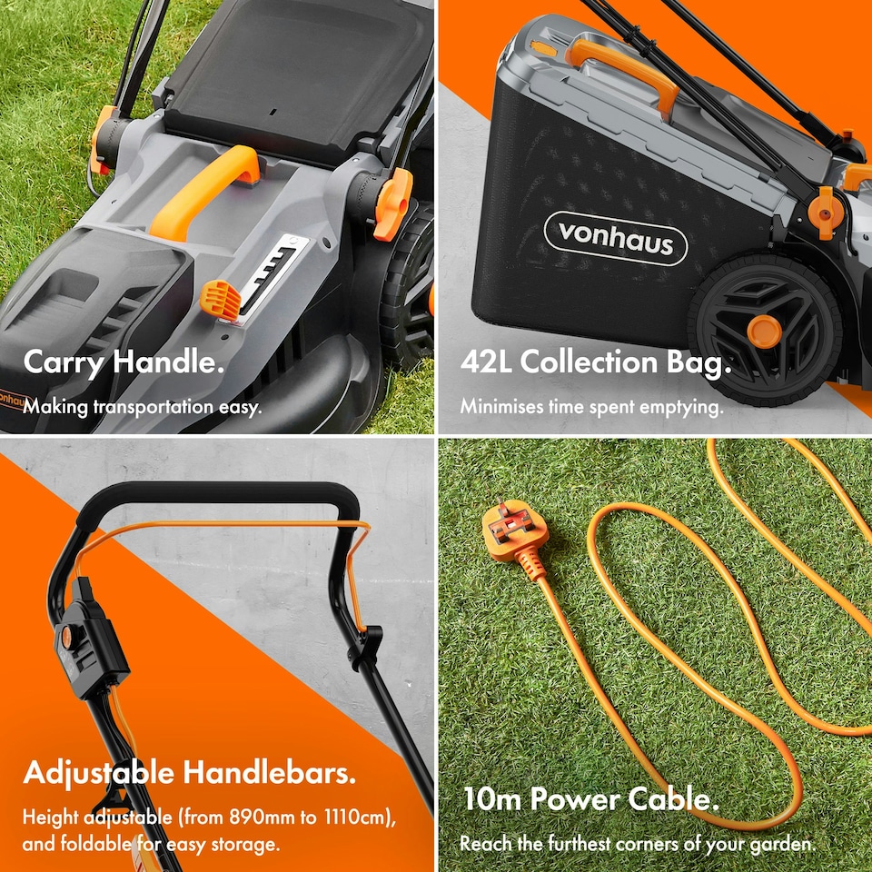 image 1 of VonHaus Lawnmower 1600W with 42L Collection Bag