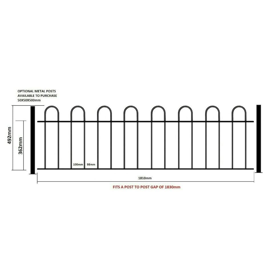 image 1 of Court Hoop Top Railing Panel - Solid Steel - Fits Gap of 1830 mm x 490 mm High - Electro Galvanised/Black Powder Coated Black
