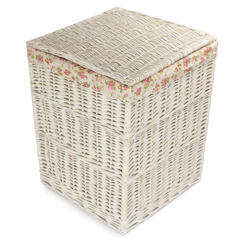image 1 of Small Square White Wash Wicker Laundry Basket Rose Lining | Multi | Garden Rose