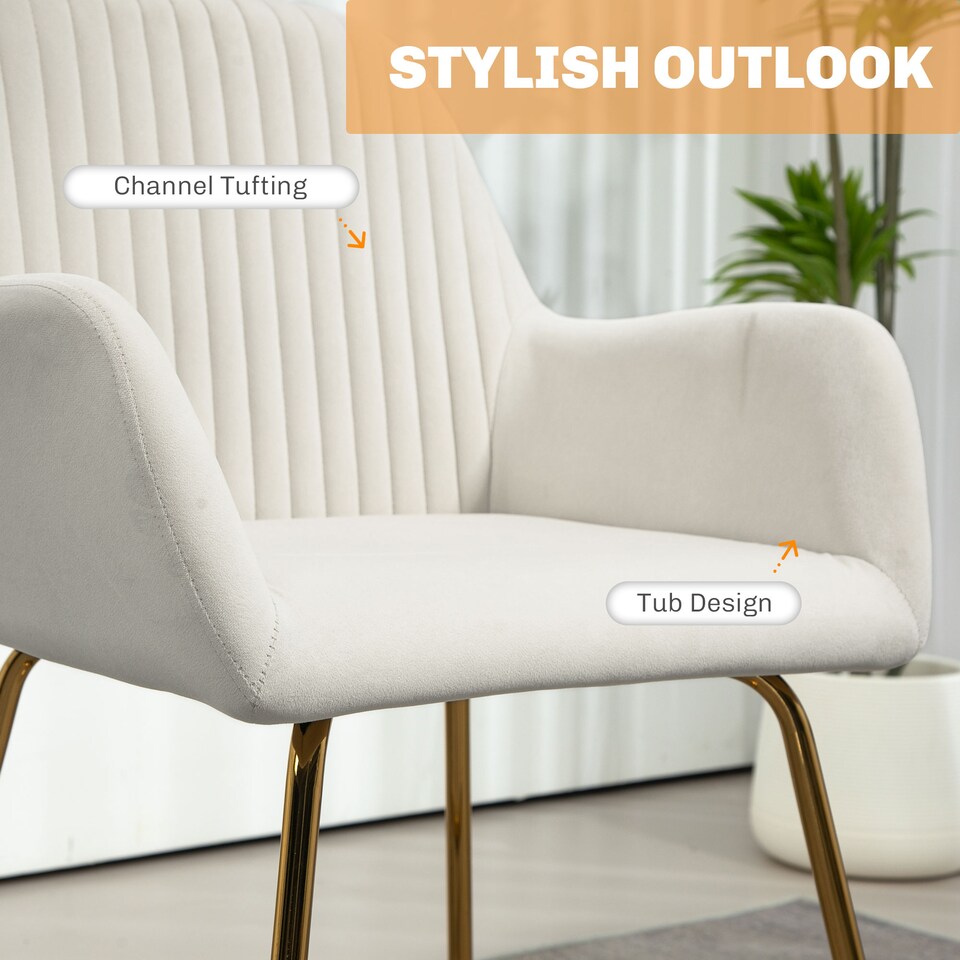 image 1 of HOMCOM Modern Accent Chair, Velvet-Touch Fabric Upholstered Armchair with Metal Base for Living Room, Bedroom and Dinning Room, Cream White
