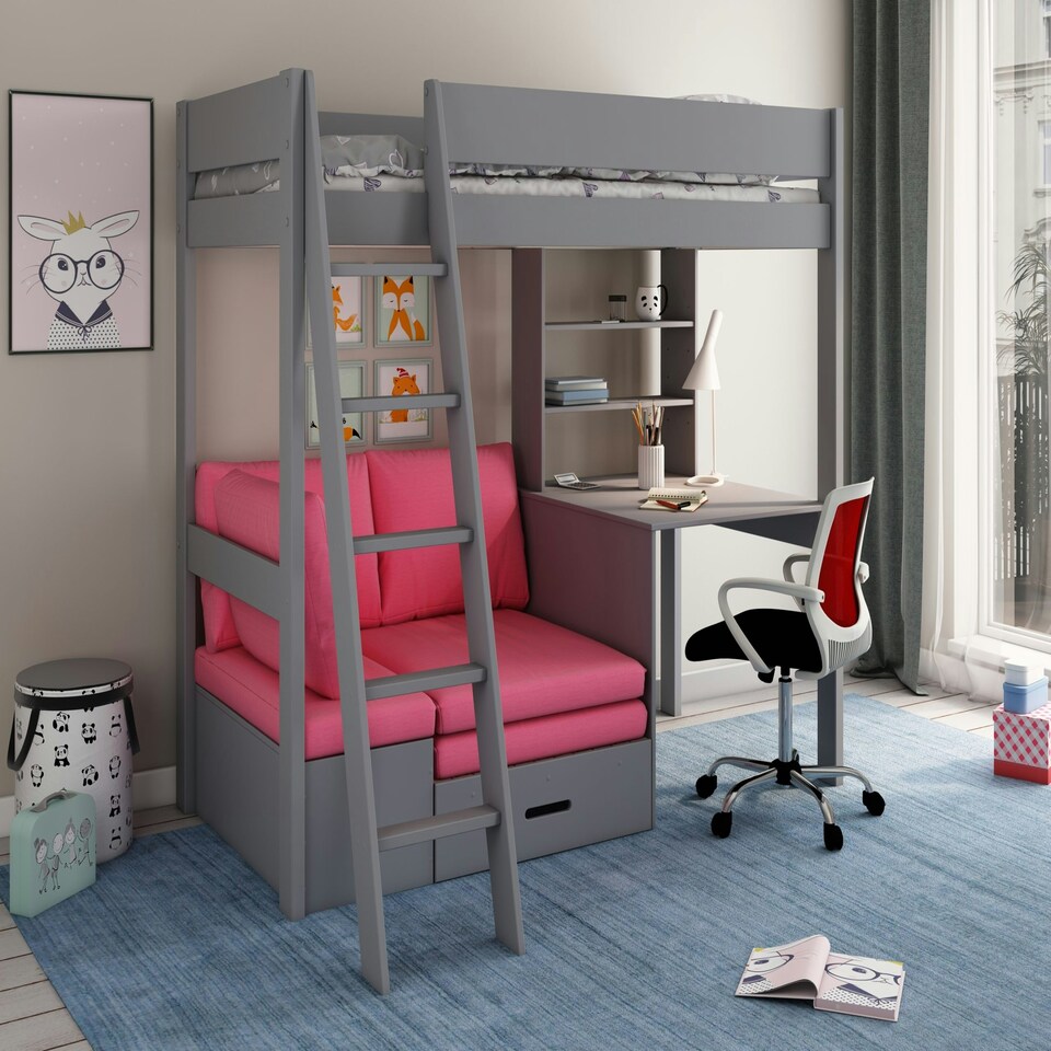 image 1 of Estella Grey Highsleeper 6 with Pink Corner Sofa, Desk and Shelf