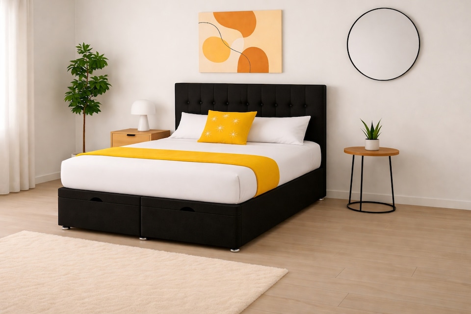 image 1 of 5ft Kingsize Ottoman Foot Lift Black Plush Velvet Headboard and Mattress Set