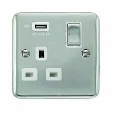 SE HOME Curved Polished Chrome 1 Gang 13A DP Ingot 1 USB Switched Plug Socket White | Polished Chrome