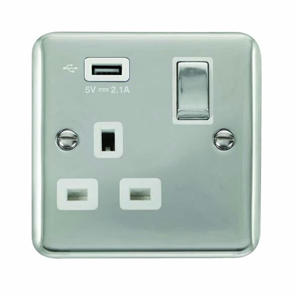 SE HOME Curved Polished Chrome 1 Gang 13A DP Ingot 1 USB Switched Plug Socket White | Polished Chrome