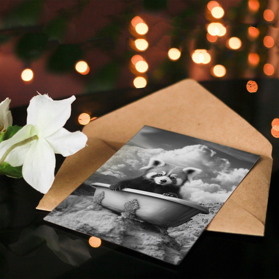 image 1 of Red Panda in Bathtub on Hill Black White Surreal Birthday Greeting Card