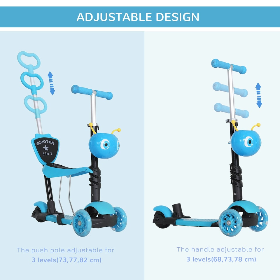 image 1 of HOMCOM 5-in-1 Kids' Blue 3-Wheel Kick Scooter With Removable Seat