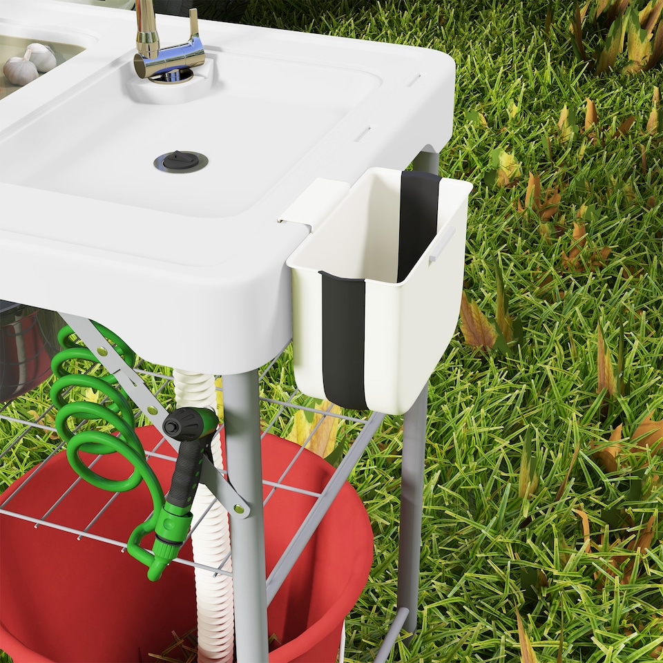 image 1 of Outsunny Folding Fish Cleaning Table Camping Sink Table with Faucet, White | White | White | 108L x 58W x 92H cm