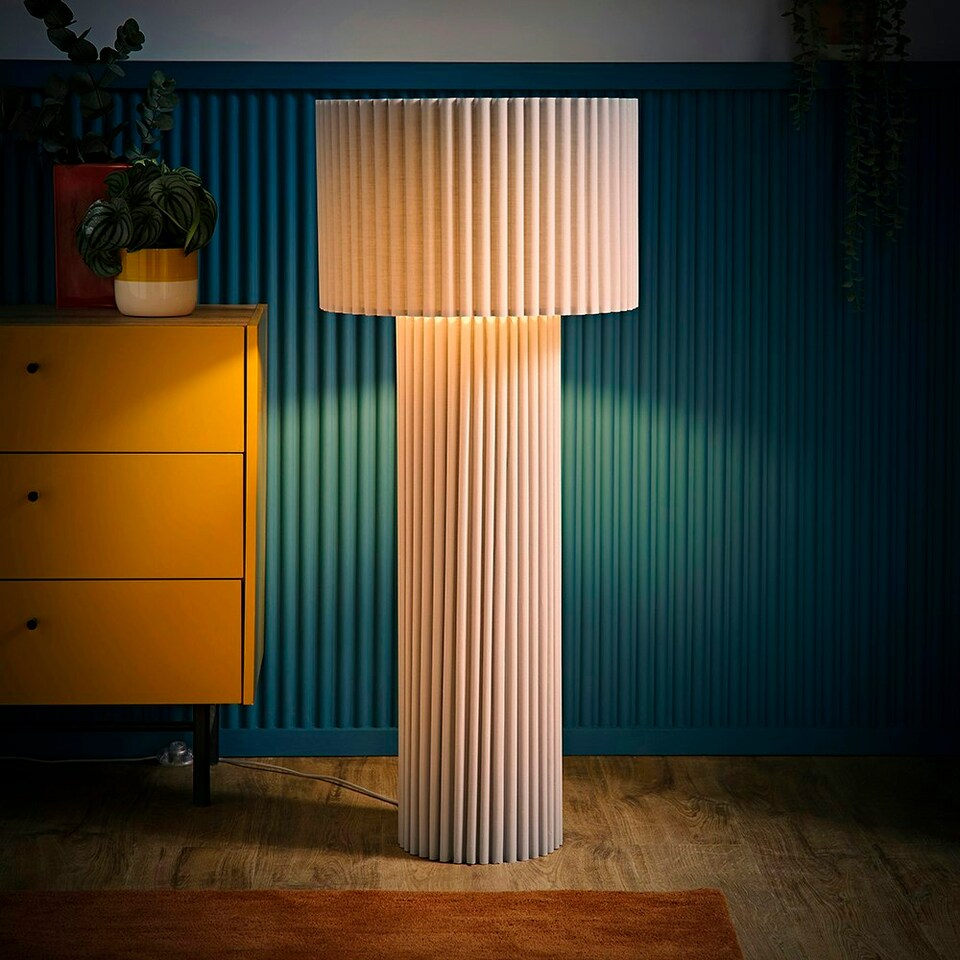 image 1 of ValueLights Lenny Stone Grey Drum Lamp Shade Ribbed Fabric Midi Floor Lamp with LED Bulb Grey