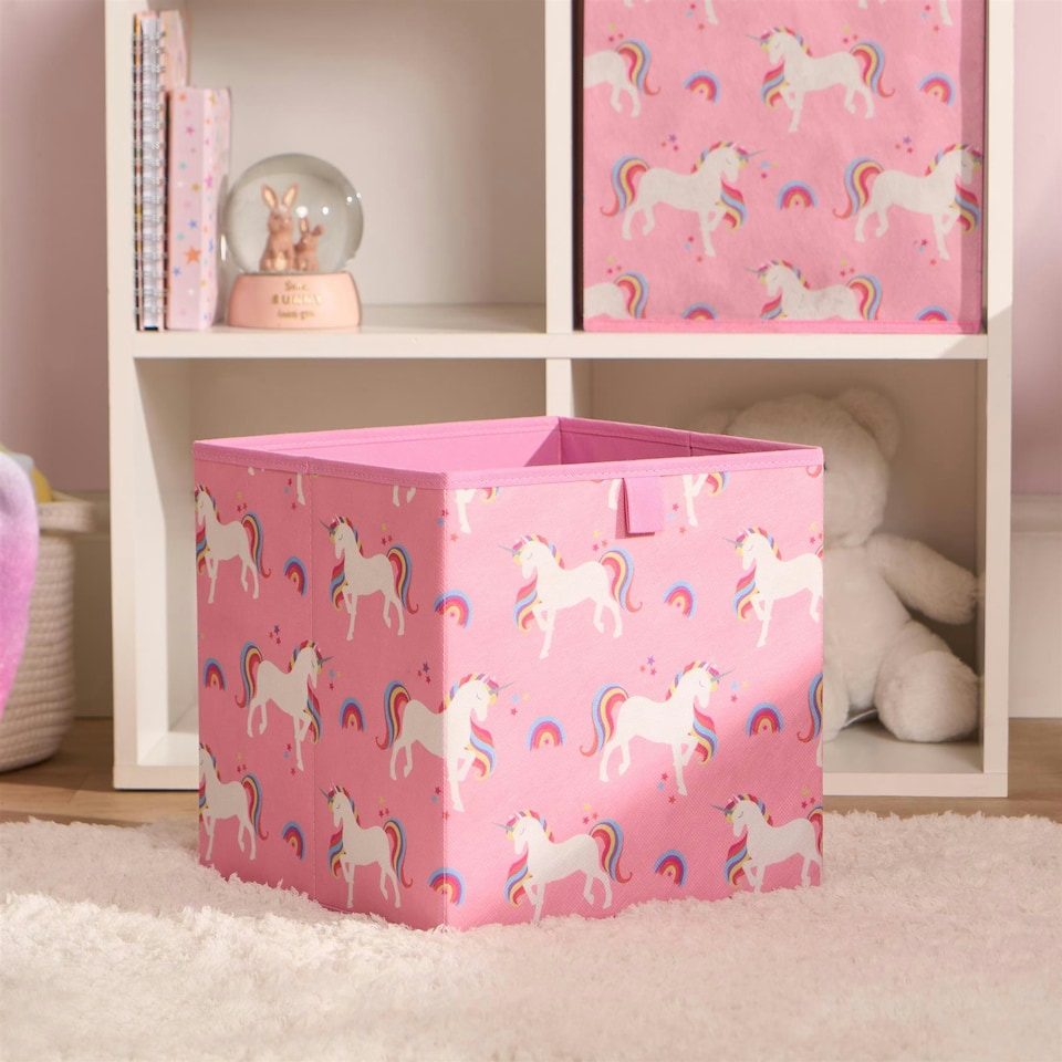 image 1 of OHS 4 Pack Folding Storage Unicorn Print Cubes Space Saving Home Bedroom Clothes Toy Organiser Pink