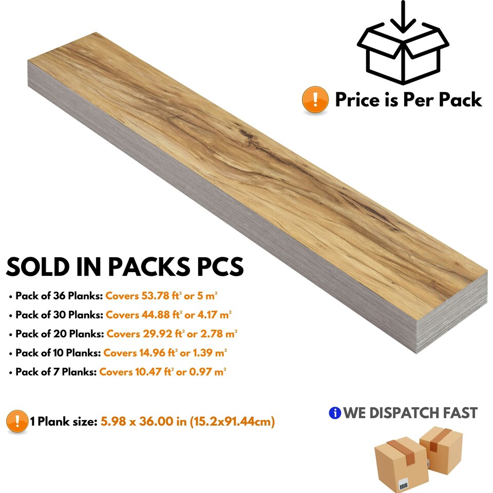 image 1 of NOVECRAFTO Self Adhesive Vinyl Floor Planks – 36x5.98 in (91.4x15.2cm) – Peel & Stick Flooring Tiles – Sandalwood Glow Wood Effect – Pack of Vinyl Tiles Brown | 1.39 sqm