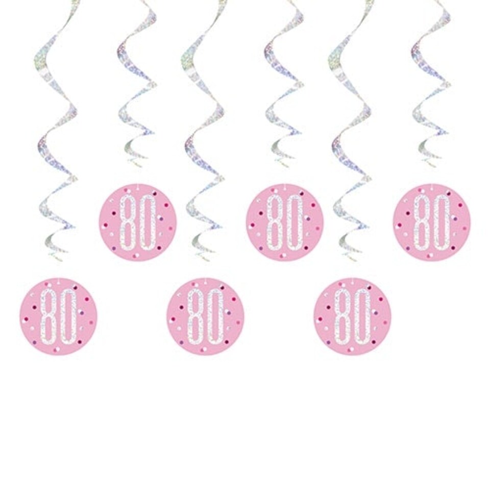 Pink Glitz Age 80 Holographic Hanging Swirl Decorations - Pack of 6