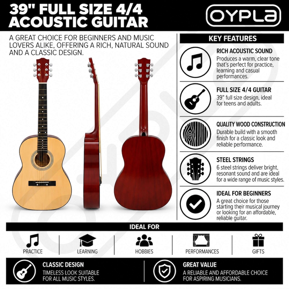 image 1 of 39 Inch Full Size 6 String Steel Strung Acoustic Guitar | Brown