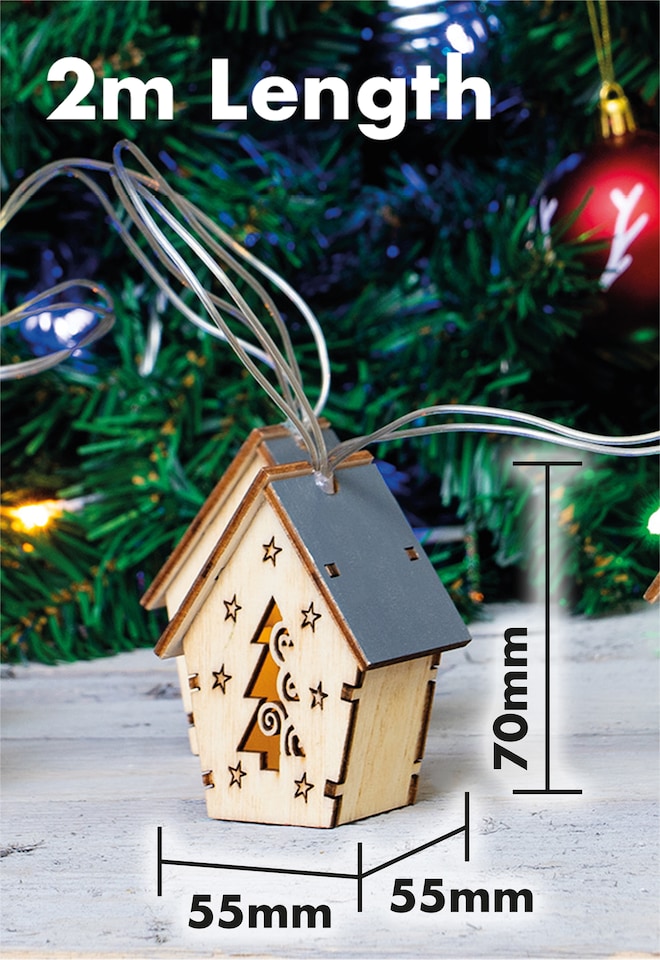 image 1 of St Helens 10 WOODEN FESTIVE HANGING HOUSES WITH LED LIGHTS