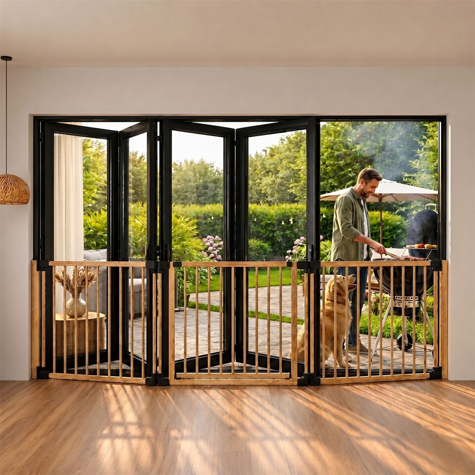 image 1 of Safetots Wooden Multi Panel Room Divider, up to 156cm, Natural Wood, 76cm Tall, Flexible Room Divider for Baby and Toddler | Cream | Natural