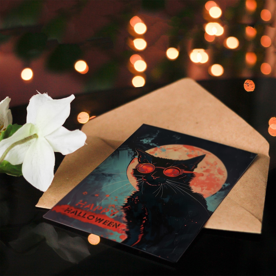 image 1 of Goggles Kitty Moon Cat Lover Vintage Pulp Sci Fi Halloween Card