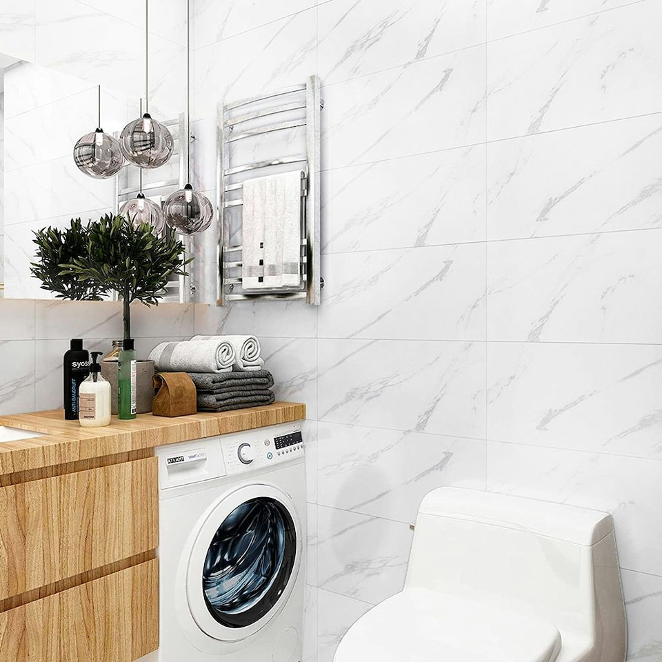image 1 of Living and Home Marble Wall Sticker Peel and Stick 10pcs - White White