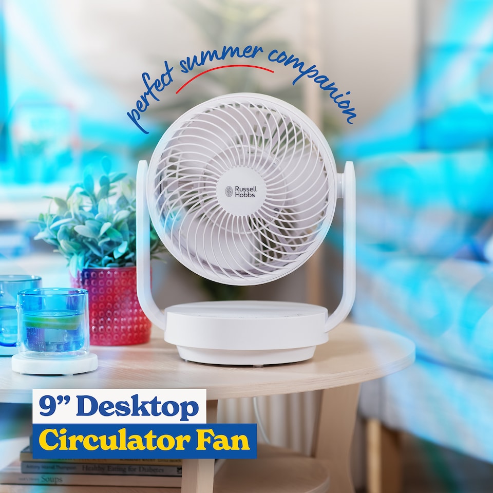 image 1 of Russell Hobbs 9” Desktop Circulator Fan with 7 Speed Settings White RHDCF1001