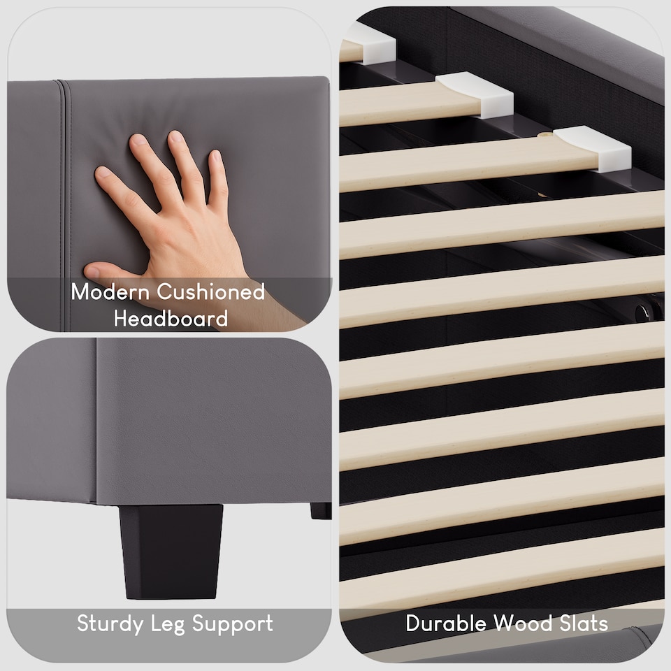 image 1 of Vida Designs Lisbon 3ft Single Bed Faux Leather, Grey, 90 x 190cm