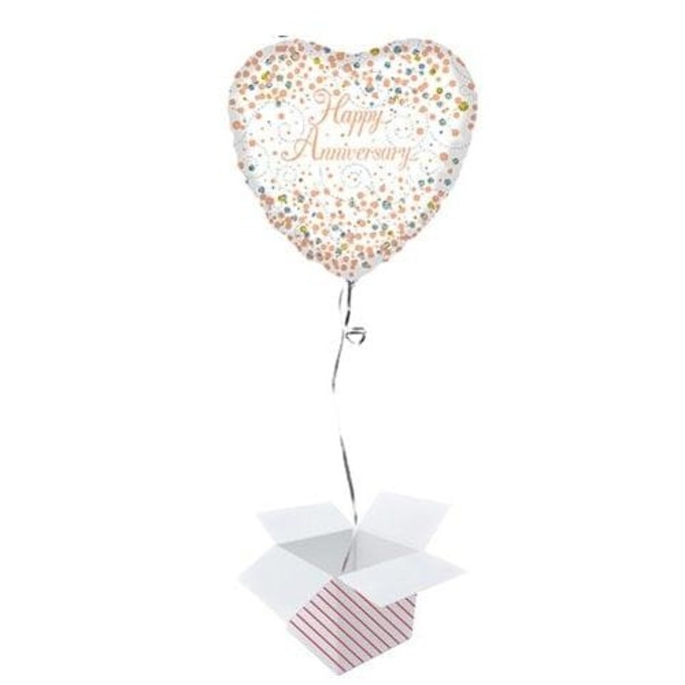 Holographic Rose Gold Happy Anniversary Heart Shape Foil Helium Balloon - Inflated Balloon in a Box