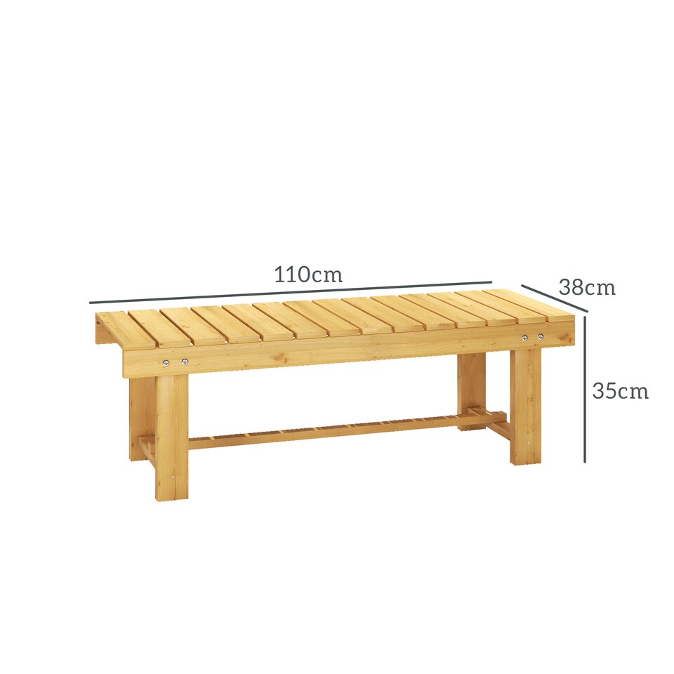 image 1 of Outsunny Wooden Garden Bench, 2 Seater Outdoor Bench, Fir Wood Backless Patio Loveseat with Slatted Seat for Park, 110 x 38 x 35 cm, 1 Piece, Natural Wood Finish