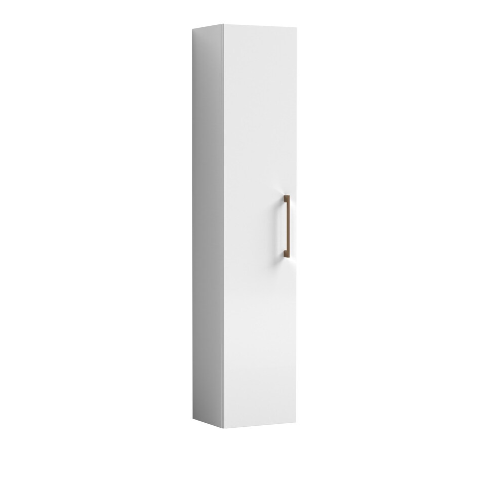 Modern Bathroom Wall Hung 1 Door Tall Storage Unit -Gloss White with Brushed Bronze Handle, 1433 x 300 x 235mm | White | Gloss White | 235 x 300 x 1433mm