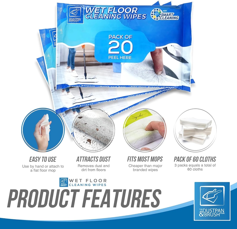 image 1 of Wet Floor Cleaning Wipes (Pack of 20) Wood & Tile Floor Streak-Free Wet Mop Cloths Compatible with Most Brands