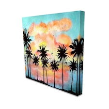 Watercolor tropical landscape with palms, ocean, orange clouds at the sunset (Canvas Prints) 86cm x 60cm