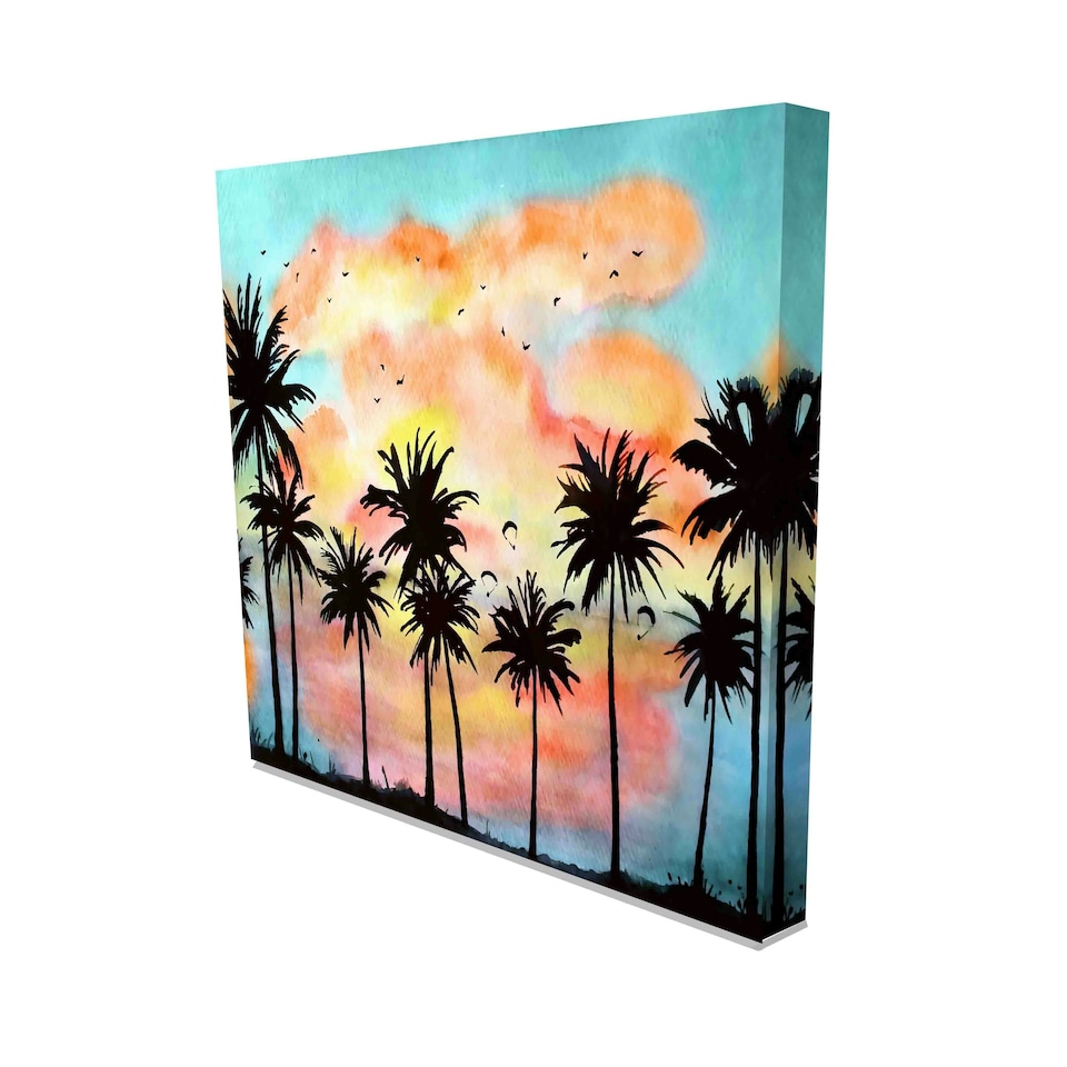 image 1 of Watercolor tropical landscape with palms, ocean, orange clouds at the sunset (Canvas Prints) 86cm x 60cm