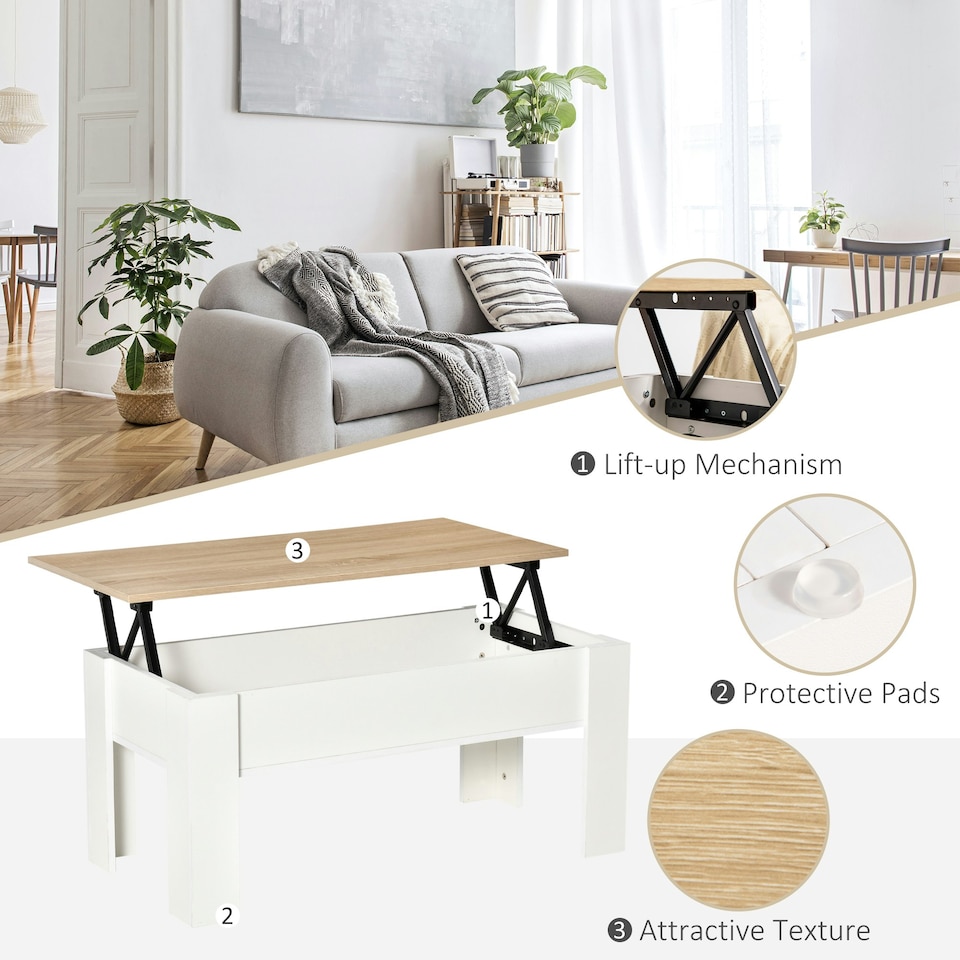 image 1 of HOMCOM Lift Top Coffee Table w/Storage Compartment, Living Room Center Table White
