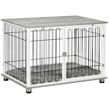 PawHut Dog Crate Furniture End Table w/ Soft Washable Cushion, Lockable Door