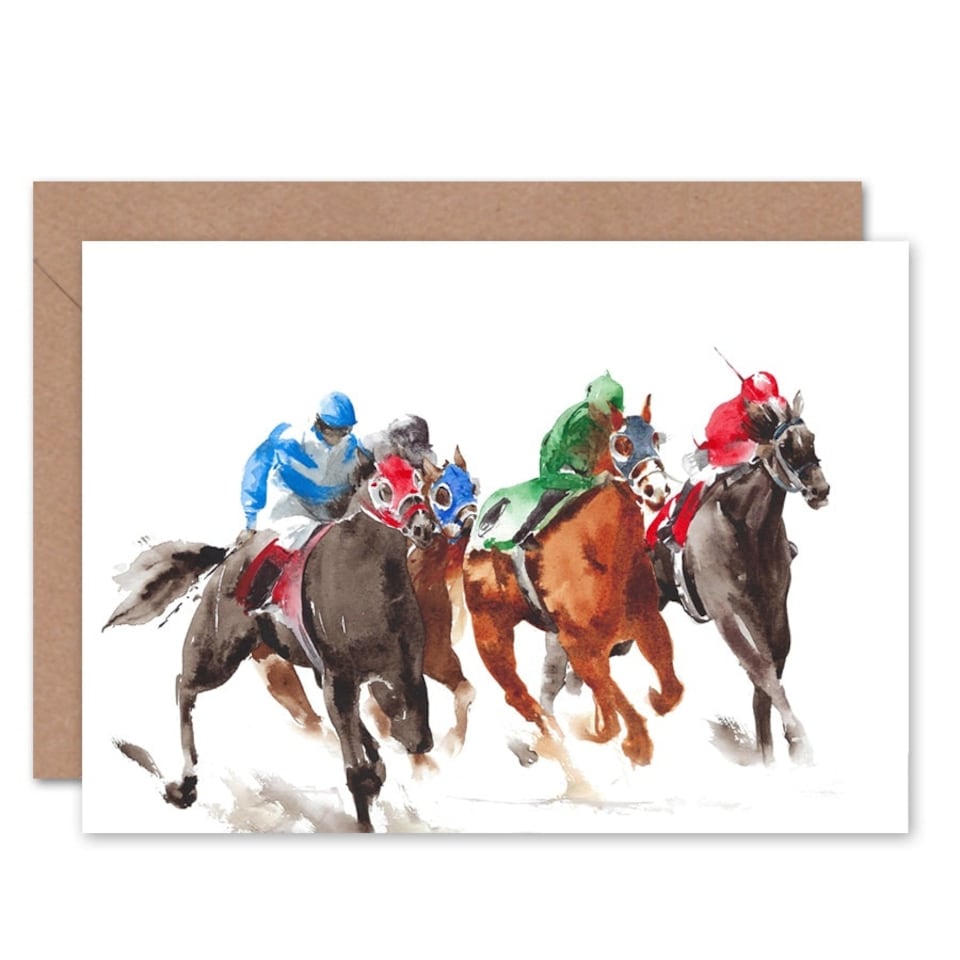 image 1 of Horse Racing Sport Race Bright Watercolour Art Card