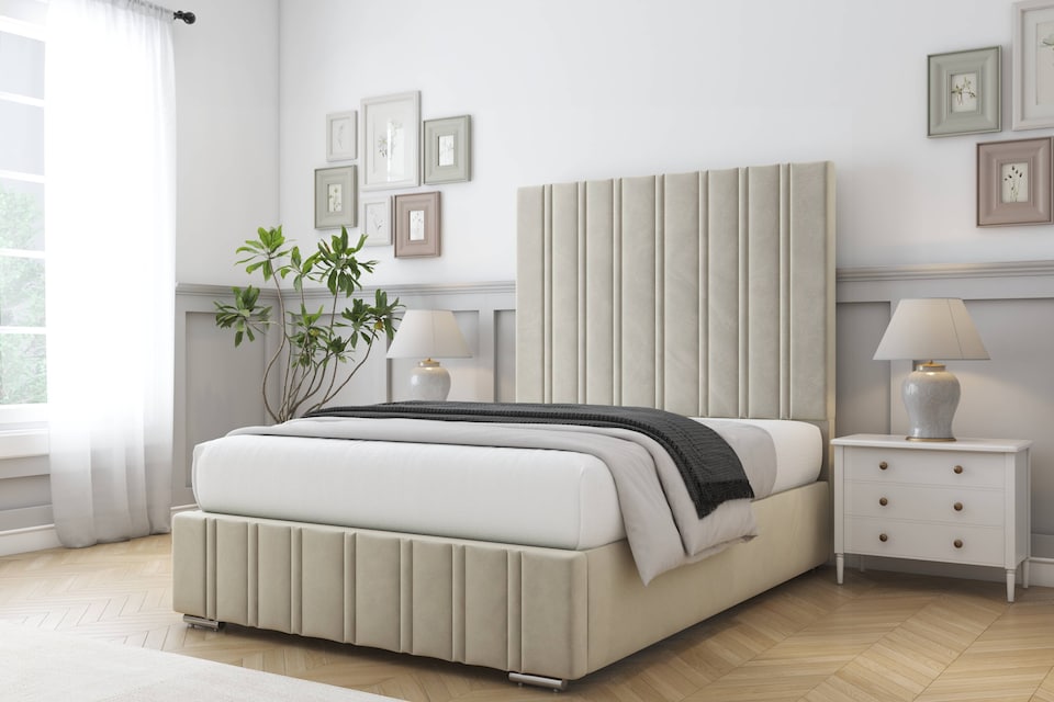 image 1 of Sloomy Langston Cream Plush Deep-Sided Bed Frame With 50" Upholstered Headboard 5' King