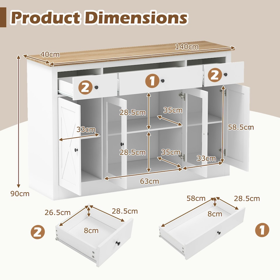image 1 of COSTWAY Buffet Sideboard Kitchen Storage Cabinet 3 Drawers White White