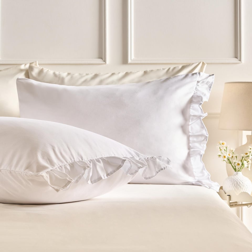 image 1 of OHS 2 x Frill Edge Decor Pillowcases Microfibre Pillow Covers | White | Standard
