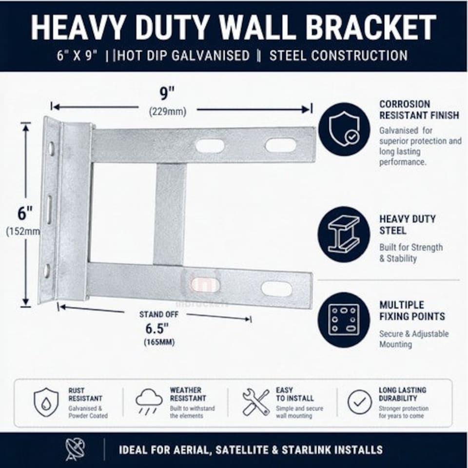 image 1 of Inbrackets 6" x 9" Heavy Duty Galvanised Wall Bracket for Starlink, TV Aerial and Satellite Mast