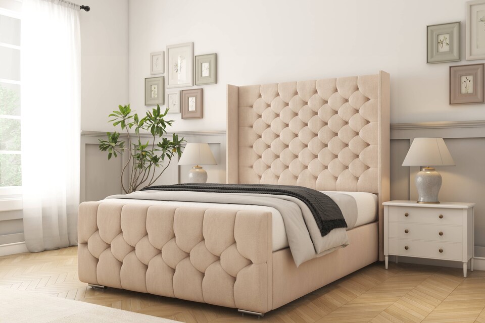 image 1 of Sloomy Luthor Sand Naples Bed Frame With Mattress With 50"  Upholstered Wingback Headboard 4'6 Double