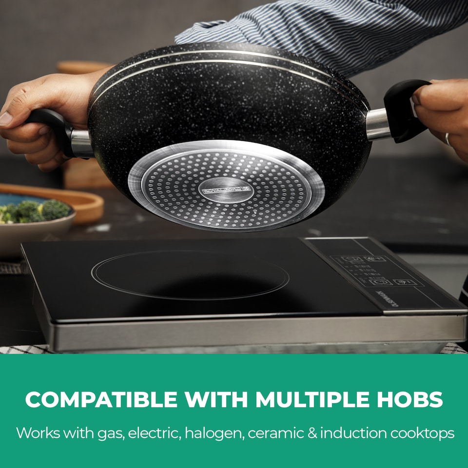 image 1 of Royalford 28cm Aluminium Wok Pan Non-Stick Induction Safe With Glass Lid