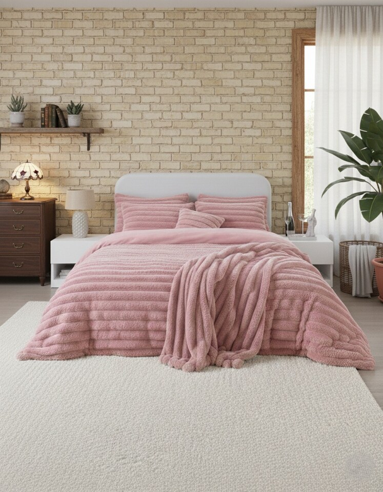 image 1 of Luxury Teddy Cord Design Bedding Set Ultra Soft Cozy Stylish Comfort | Pink | Single
