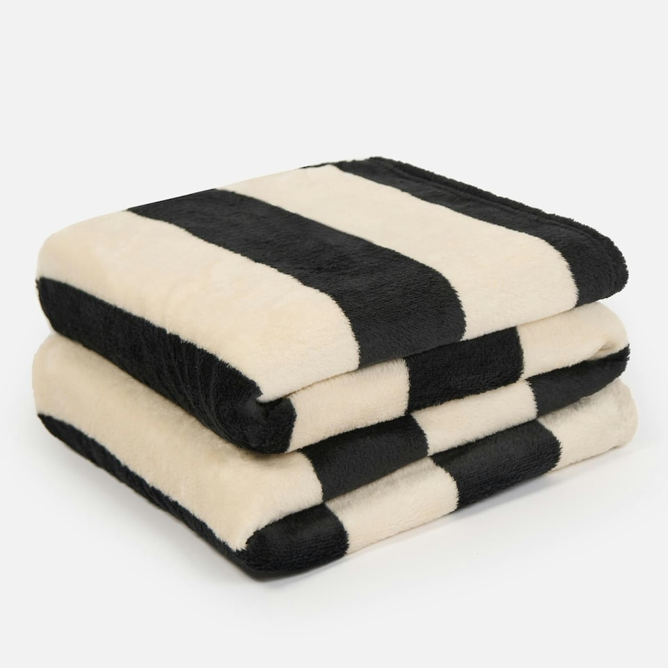 image 1 of OHS Stripe Print Ultra Soft Fleece Cosy Blanket Throw, 125x150cm - Black/White