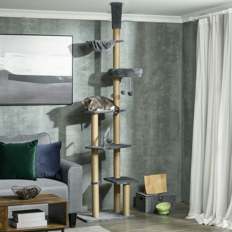 image 1 of PawHut Floor To Ceiling Cat Tree 6-Tier with Scratch Post Bed Hammock Grey
