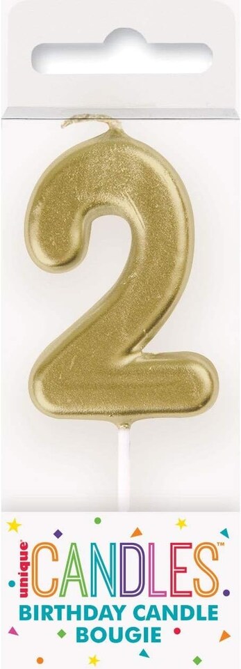 image 1 of Mini Metallic Gold Number 2 Pick Birthday Candle