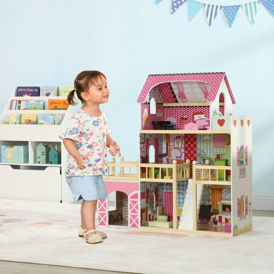 image 1 of AIYAPLAY Dolls House with 13 Wooden Furniture Pieces, for Ages 3-6 Years