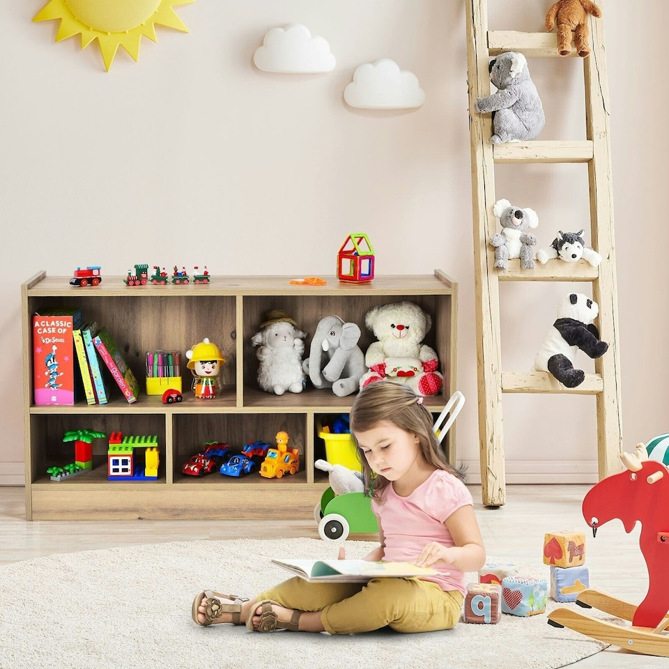 image 1 of COSTWAY Kids Storage Shelf 5-Cubby Wooden Bookcase Natural | Brown