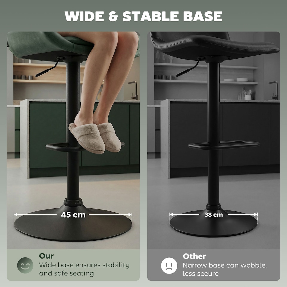 image 1 of HOMCOM PU Leather Padded Bar Stools Set of 2 with Metal Base, Dark Green