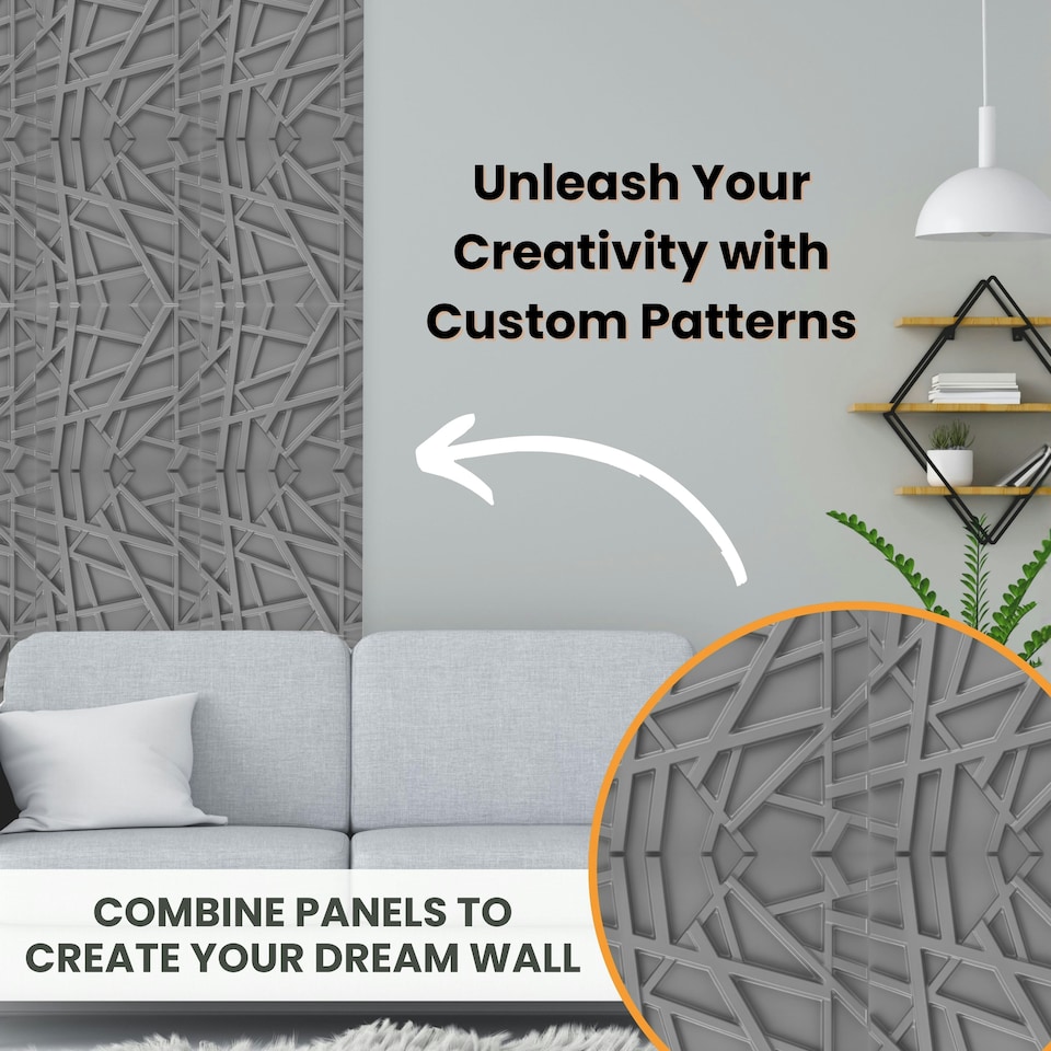 image 1 of NOVECRAFTO Geometric 3D Wall Panels – 6 Sheets Covering 1.5 sqm (16.15 sqft) – Decorative PVC Panels 50x50cm – Modern Geometric Line Design Grey