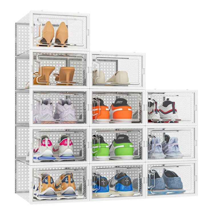Neo 12 Pcs Large Shoe Storage Box Boxes Transparent Clear Plastic Stackable Organiser Containers With Lids For Women/men Magnetic Closure- White