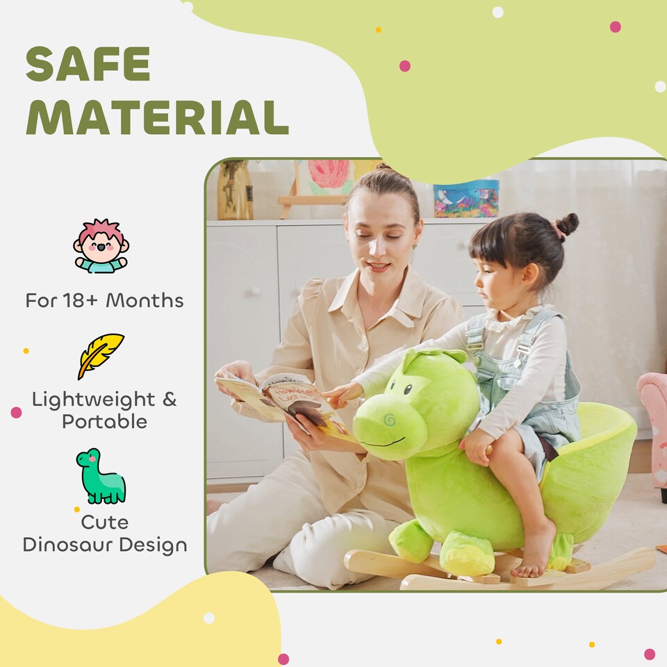 image 1 of HOMCOM Kids Rocking Horse, Plush Ride-On Dinosaur Seat with Safety Belt, 32 Songs, Ride-On Horses Toy, for Ages 18 Plus Months - Green