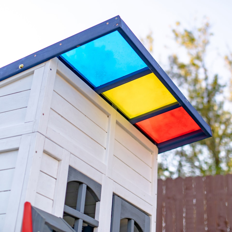 image 1 of Teamson Kids Wooden Playhouse Wendy House with Rainbow Shade, Kitchen, Flower Box & Bench, White